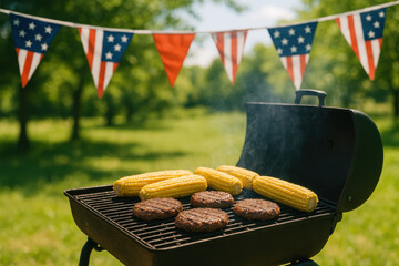 Grilling burgers and corn on a barbecue in a festive outdoor setting with patriotic decorations, creating a joyful atmosphere for Independence Day celebration