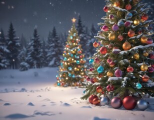 Festive Christmas tree, colorful baubles, twinkling lights, snowy scene ,  winter,  fir