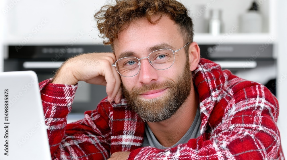 Aufkleber man with glasses and a beard is sitting on a table with a laptop. he is smiling and looking at the c