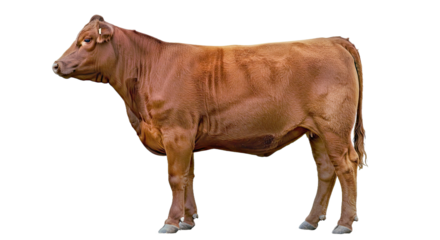 Red Angus cow standing in full side profile, rich red coat, muscular frame, calm expression, isolated on white background 