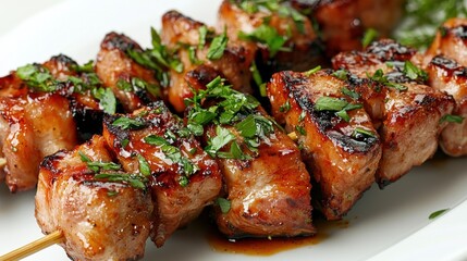 Fototapeta premium Plate of grilled pork skewers. the skewers are arranged in a circular pattern on a white plate. the pork appears to be cooked and has a golden brown color.