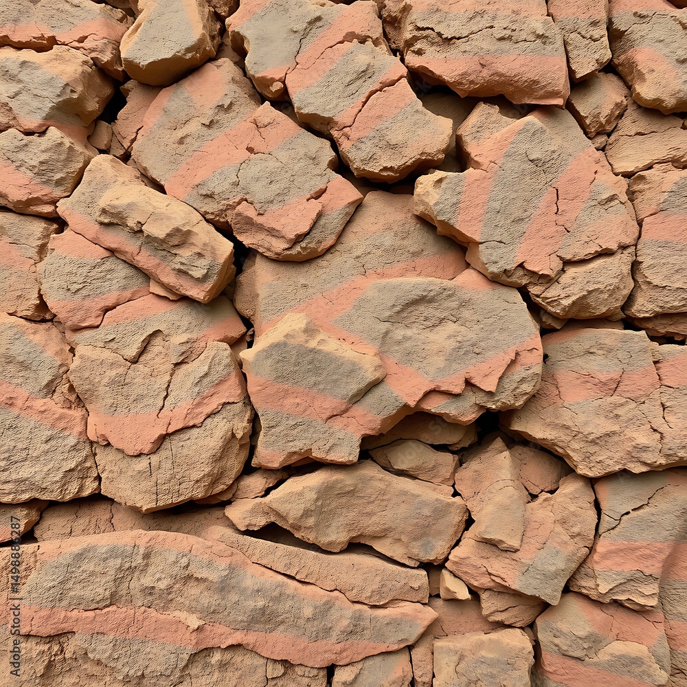 Poster close up view of natural broken bricks textured with lines in a warm color palette