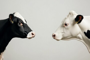 Two dairy cows face each other in black and white, isolated on a neutral background