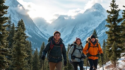 Mountain adventure scene with hikers, snow peaks, and pine forests
