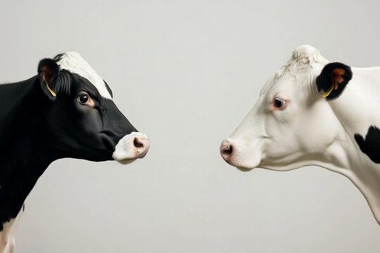 Two dairy cows face each other in black and white, isolated on a neutral background