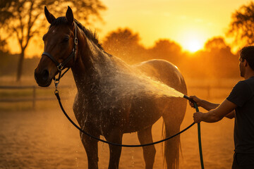 Man sprays water on a brown horse in a golden sunset, creating a misty atmosphere, highlighting the importance of hydration during extreme heatwave conditions