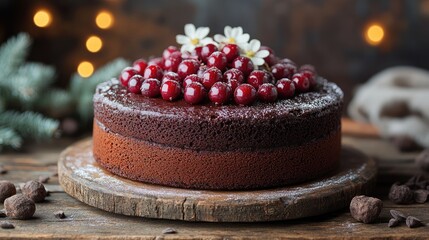 Festive Chocolate Cake, Cherries, Wooden Table, Lights
