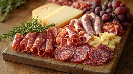 Assorted cured meats and cheeses on a wooden board (1)