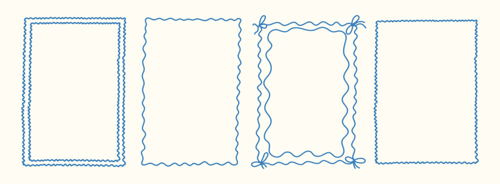 Whimsical hand drawn Italian postcard stamp set. Minimal blue frames. Vintage Italy summer doodle borders. Mediterranean elements for menu, wedding, invitation, print. Coastal Isolated Vector illustra