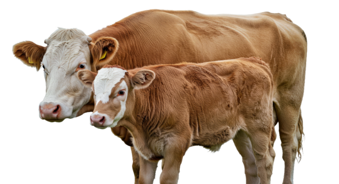 Simmental calf standing next to its mother, both with soft fur and distinctive white facial markings, isolated on white background