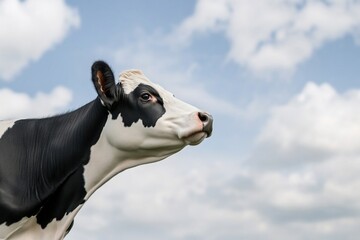 Black and white cow portrait against a cloudy blue sky, looking forward