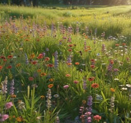 Vibrant summer meadow, wildflowers, buzzing bees, lush grass ,  border,  pollen