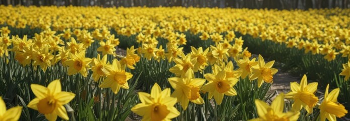 Sunlit field of vibrant yellow daffodils, petals glistening ,  wildflowers,  plant