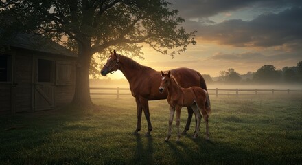 Horse and Foal Standing in Foggy Pasture at Sunrise