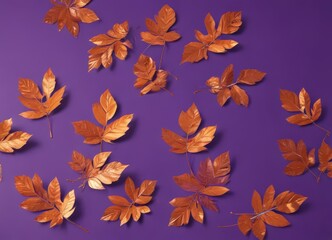 Dry orange metallic leaves, violet backdrop  Geometric fall design , copper, design element, autumn