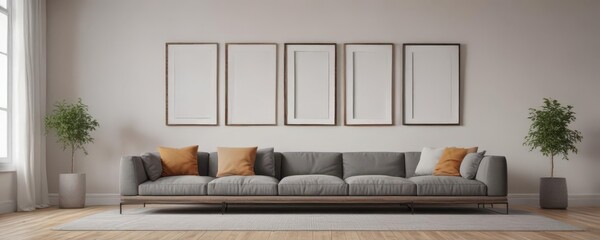 Modern minimalist living room, empty picture frames on gallery wall,  contemporary,  space