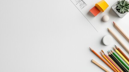 Flat lay of various stationery items arranged on a white background. on the left side of the image, there is a notebook with a spiral binding and a small plant in a small pot on the right side.