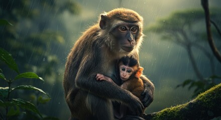 Monkey Caring for Baby in Rainy Forest Scene