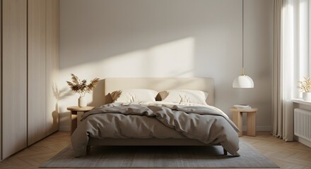 Serene Scandinavian Bedroom Interior with Warm Sunlight: A Minimalist Design Featuring Natural Wood, Neutral Tones, and Cozy Bedding for a Peaceful and Relaxing Atmosphere