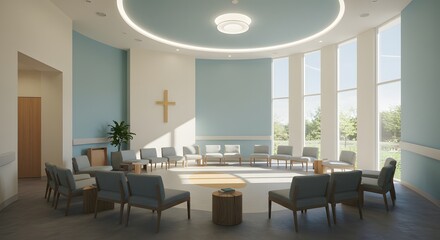 Serene Chapel Interior with Circle of Chairs for Group Therapy or Spiritual Reflection, Featuring a Wooden Cross, Abundant Natural Light, and Calm, Peaceful Ambiance
