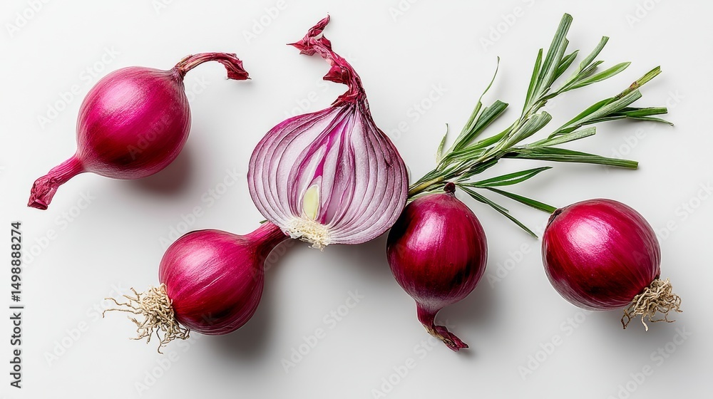 Aufkleber bunch of onions with one of them cut in half. the onions are all different sizes and are arranged in