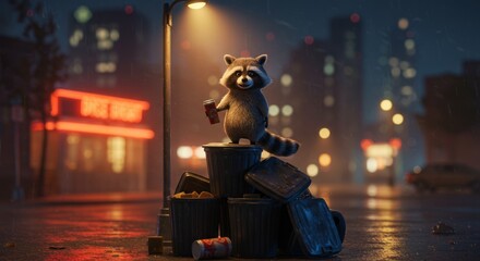 Raccoon Standing on Trash Cans in City at Night