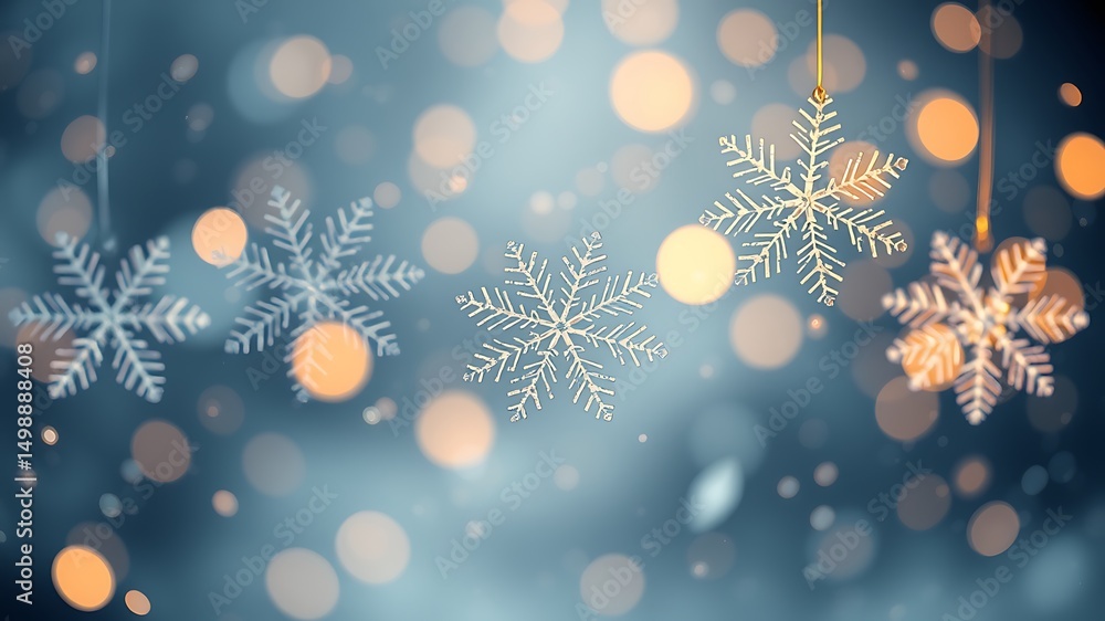 Poster festive winter background with sparkling snowflakes and beautiful bokeh lights in soft colors