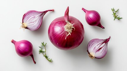 Bunch of onions are displayed on a white background. The onions are of different sizes and are arranged in a way that they look like they are ready to be used in a meal. Scene is that of a kitchen