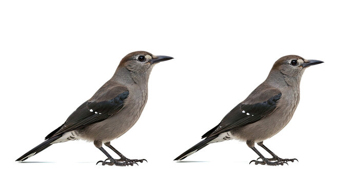 Two Clark&rsquo;s nutcrackers side by side, one slightly larger, both in alert stance, showing black and white tail feathers, isolated on white background