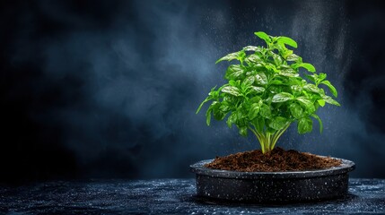 Vibrant green plant in a dark pot, water droplets falling, dark background, moody lighting, low key, close up.
