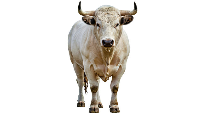 White Park bull facing camera, muscular build, white coat with black-tipped nose and ears, curved upward horns, isolated on white background 