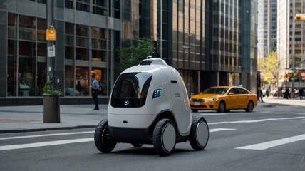 White delivery robot on city street with yellow taxi and buildings in the background on a sunny day
