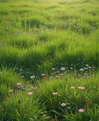 Vibrant green grass, wildflowers blooming in June sunlight , bright, wildflowers, landscape