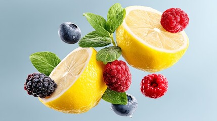 Close up of a lemon and raspberries with a blue background. The lemon is cut in half and the raspberries are scattered around it. Concept of freshness and healthiness