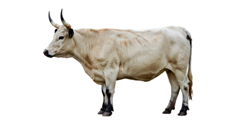 White Park cow standing in full side profile, white coat with black ears, nose, and eye rings, long upturned horns, isolated on white background