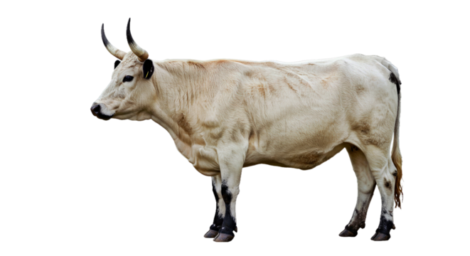 White Park cow standing in full side profile, white coat with black ears, nose, and eye rings, long upturned horns, isolated on white background