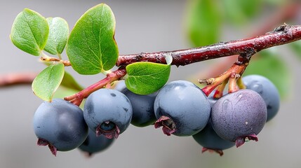 Branch with blue berries on it. The berries are ripe and ready to be picked. The branch is green and has a few leaves