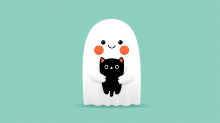 Kawaii Ghost Character Holding a Cute Black Cat Against a Light Teal Background