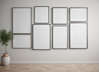 Minimalist gallery wall mockup with diverse frames on white ,  photography,  art,  design mockup