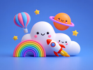 Children's Day whimsical cartoon sky scene with cheerful clouds and colorful elements