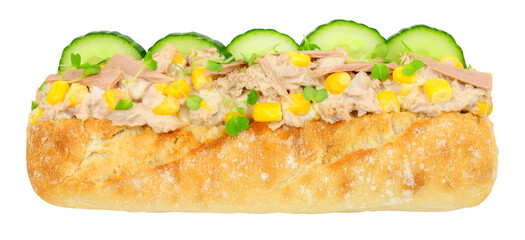 Tuna mayonnaise and sweetcorn sandwich with cucumber in a crusty baguette sub isolated on a white background