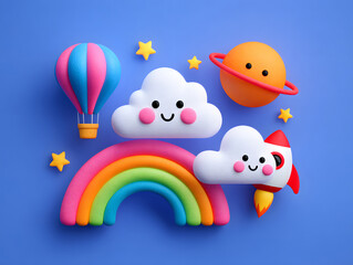 Children's Day whimsical cartoon sky scene with cheerful clouds and colorful elements