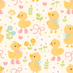 Cute Duck Seamless Pattern with Bows and Flowers, Pastel Yellow Baby Duckling Spring Background