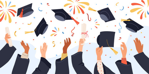 Hands in academic gowns holding diploma, throwing up graduation caps Happy moments of celebration finishing college Symbol of success, achievement Vector design for education themed invitation, banner
