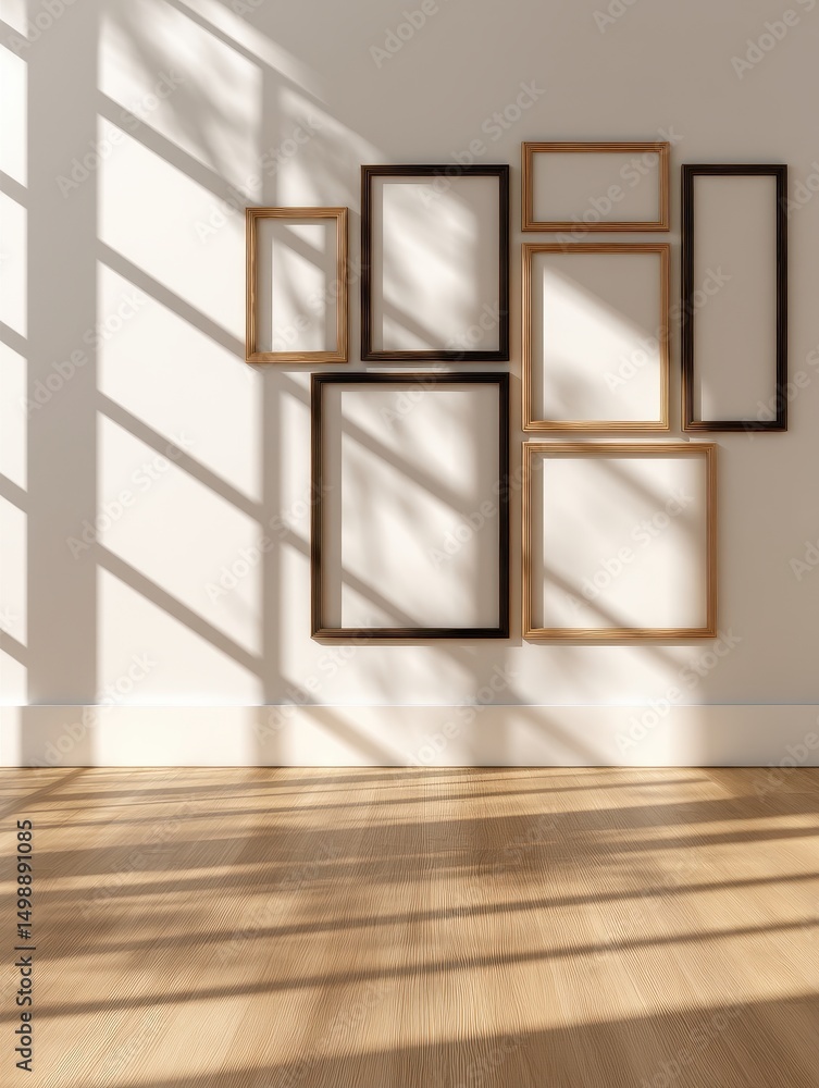 Poster sunlight casts shadows on empty picture frames arranged on a light-colored wall in a room