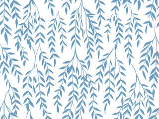 Seamless blue willow leaves pattern on white background, ideal for textile prints, nature-inspired wallpapers, elegant surface designs, botanical wrapping paper, and organic vector templates. © Sk