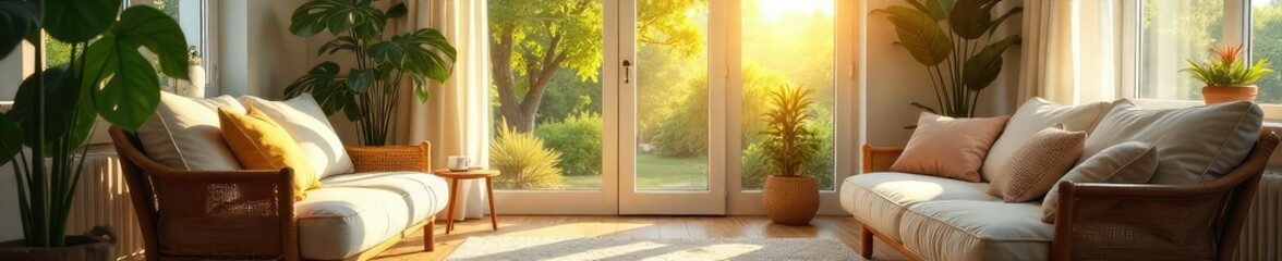 A cozy, sunlit room with comfortable furniture, plants, and soft lighting creating a relaxed and inviting atmosphere Perfect for representing comfort, calm, and well-being , room, light