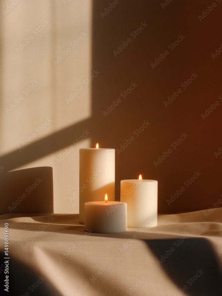 Poster three lit candles on a soft surface casting warm shadows in a serene indoor setting