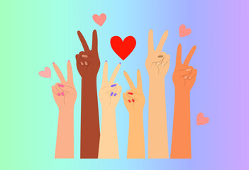Hands of different skin tones showing heart and peace symbols on soft pastel background celebrating pride, Flat Illustration

