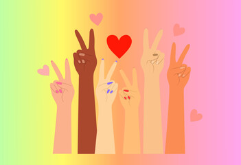 Raised pastel hands with peace signs and heart symbol on soft gradient background celebrating pride, Flat Illustration

